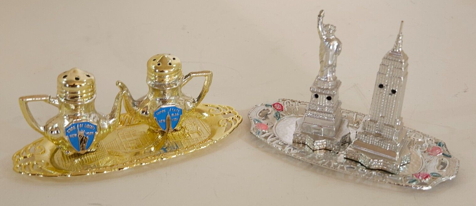 Vintage New York City NYC Salt Pepper Shakers Tray Souvenir Time Square Liberty
