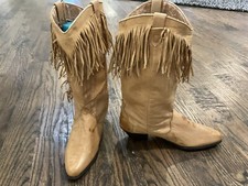 Dingo Tan Leather Fringed Western Block Heeled Boots Women s US Size 7.5 M
