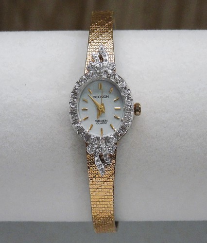 Vtg Ladies Gruen Quartz Diamond Bezel Stainless Steel Gold Plated Wrist Watch