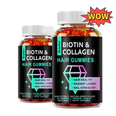 BCUELOV Gomitas de biotina de colágeno para cabello, piel, uñas, suplemento vitamínico de colágeno premium