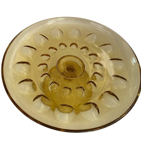 Vintage Amber Glass Cake Stand Hazel Atlas Reflection Pattern MCM Fall Table - Picture 5 of 8