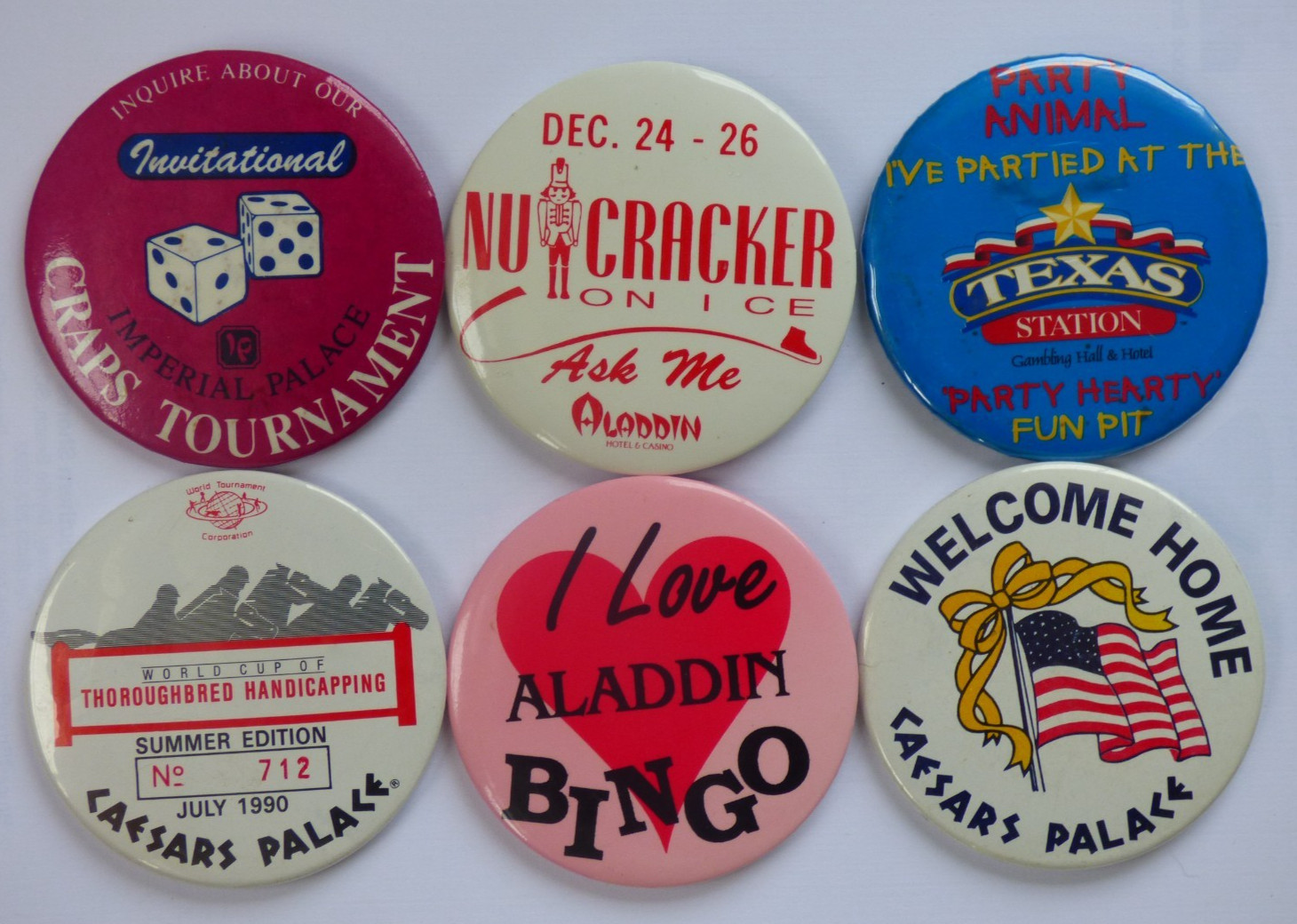 Vintage Las Vegas LOT of 6 - Show Promo Buttons - Aladdin, Caesars Palace Casino