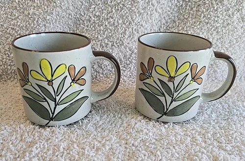Vintage Pottery Floral Flower Mugs Cups Green Yellow Brown Stoneware Set Of 2