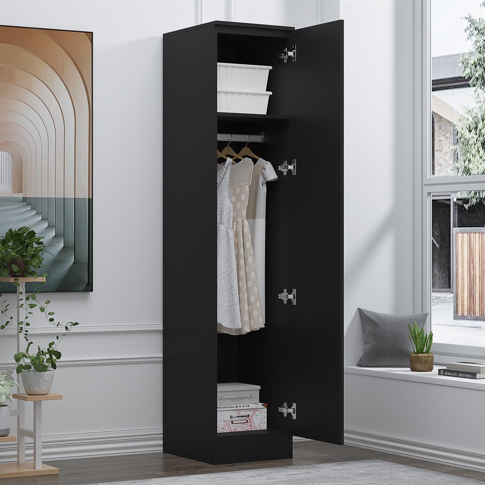 REFLECT Black Gloss Front Wardrobe 1 Door - Black Oak Matt Carcass - Image 5