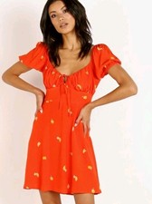 ASTR the Label Nancy Dress Atomic Orange Citrus Print Zip Back Tie Size S $98
