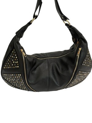 La Via Firenze Pebbled Premium Italian Leather Studded XL Handbag. Black