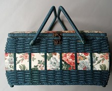 Vintage Teal Blue Woven Wicker Hinged Chintz Floral Padded Top Sewing Basket