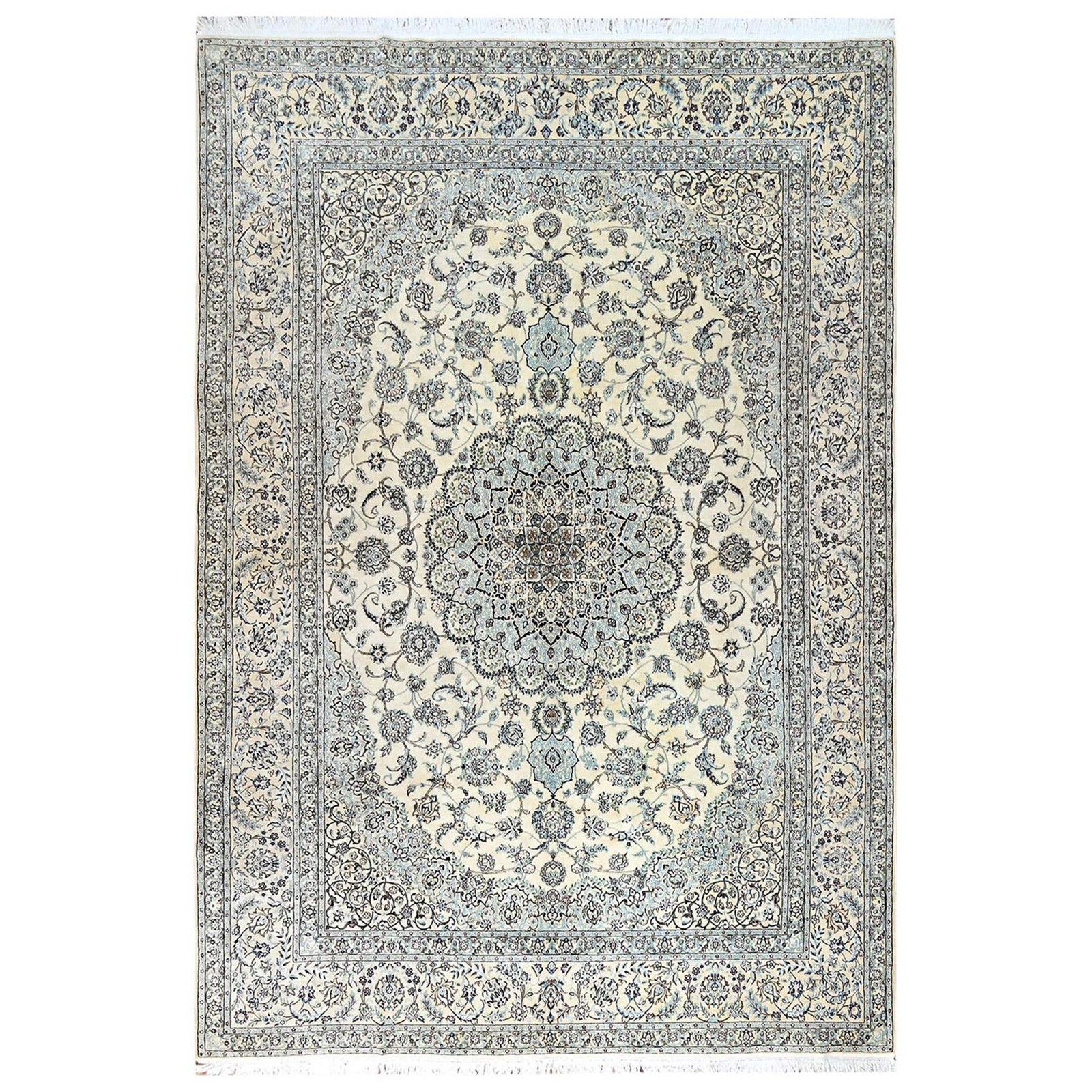 10'x14'2" Ivory 300 KPSI Zoroastrian Nain Hand Knotted Wool and Silk Rug 1462