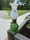 Small Vintage Oil Lamp Milk Glass White And Emerald Green