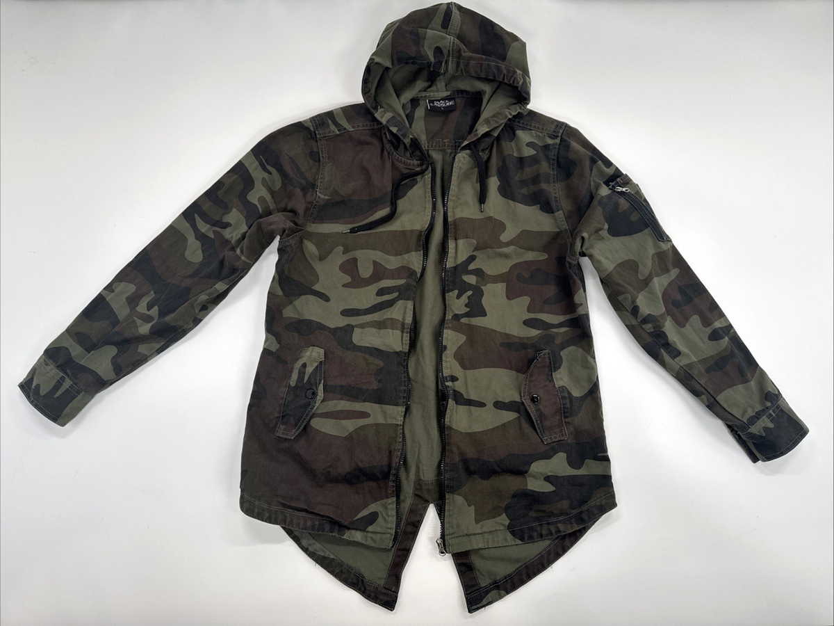 Vintage Y2K Black Lacquer Camo Military Jacket Mens Large Hooded 