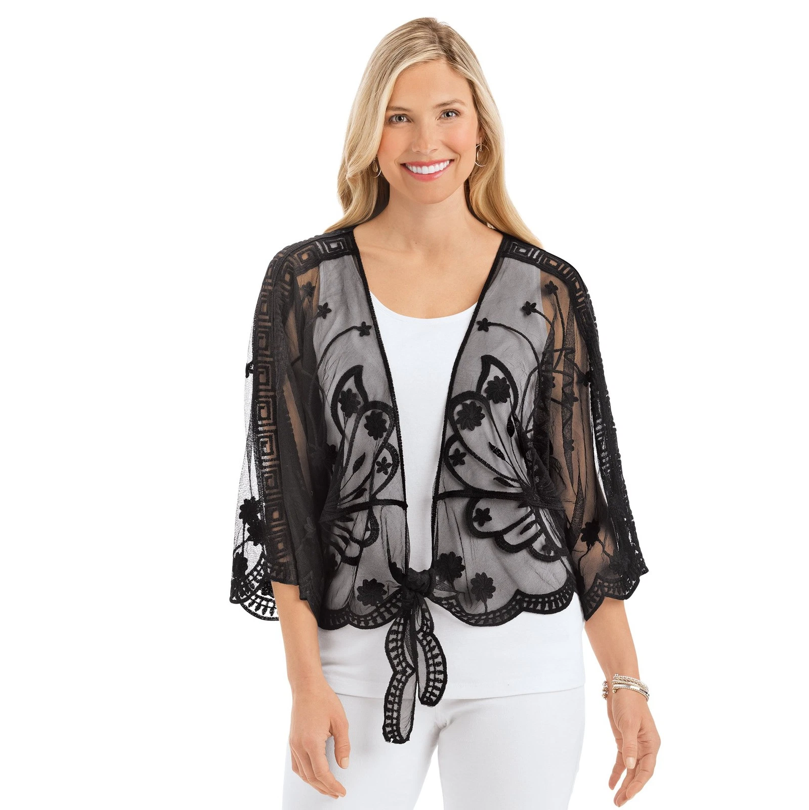 Beautiful Embroidered Sheer Tie-Waist Layering Jacket