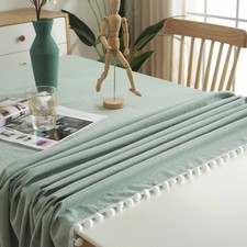 Light Green Pompom Tassel Tablecloth Bohemian Rectangle Dust-Proof Cotton Table