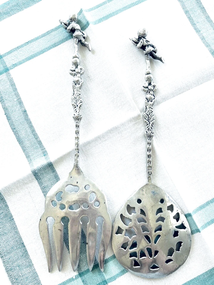Cuchara y tenedor florentina para servir ensalada Ugo Bellini de colección querubín flores victorianas Foto 4 de 4
