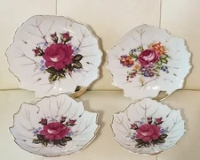 Vintage Set Of 4 Floral Leaf Shaped Dishes Porcelain Nesting Roses Candy Nut