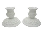 Vintage Fenton Set of 2 Candle Holders Taper White Hobnail Glossy Milk Glass MCM