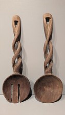 Vintage Wood Salad Serving Set Fork  Spoon Hand Carved Twisted Handles 12  