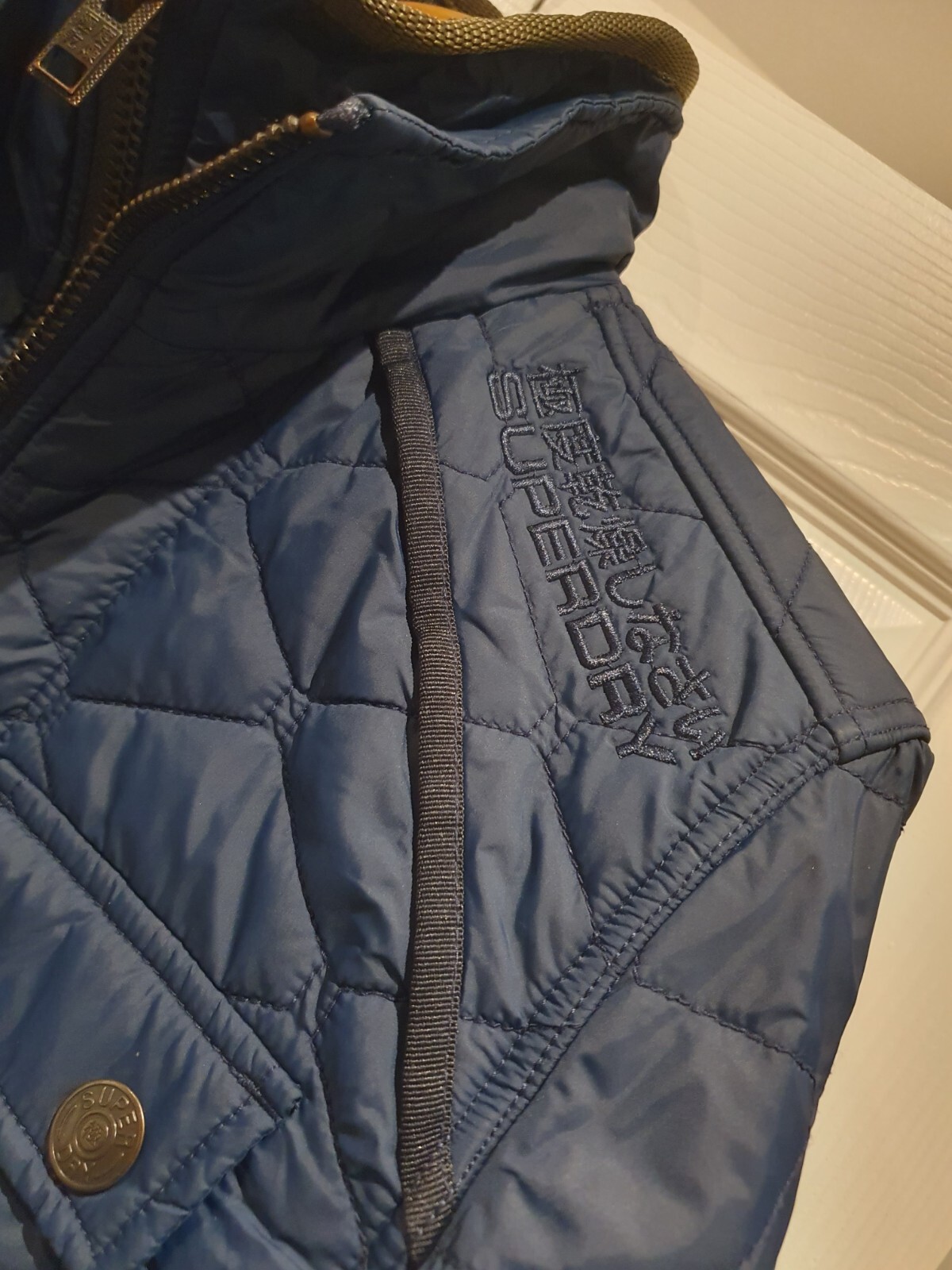 Superdry Limited Motorbike Quilted Jacket Large Navy Grey Double Zip Used Rare image 8