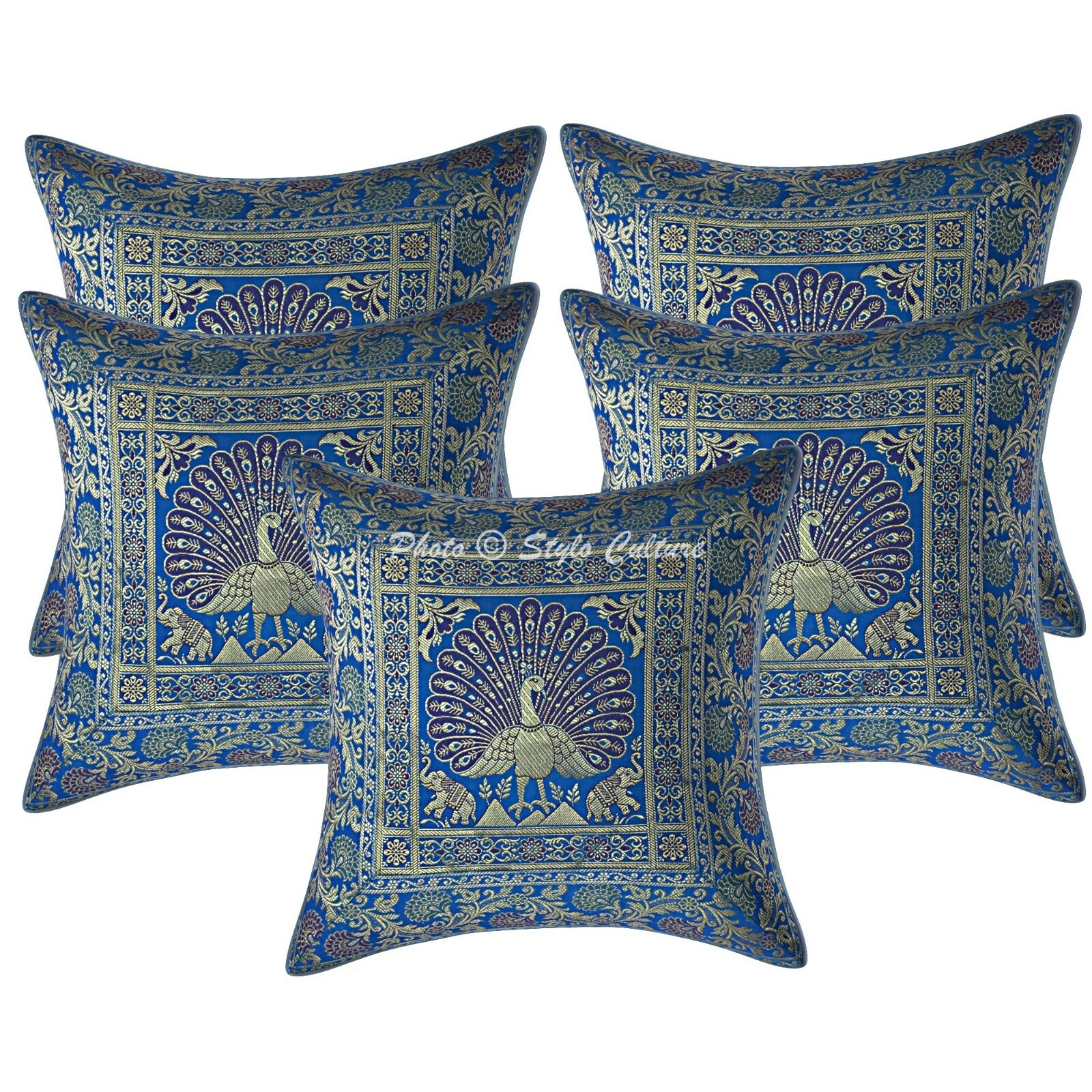 Scatter Cushion Covers Turquoise 40 x 40 Jacquard Brocade Peacock Throw Pillows