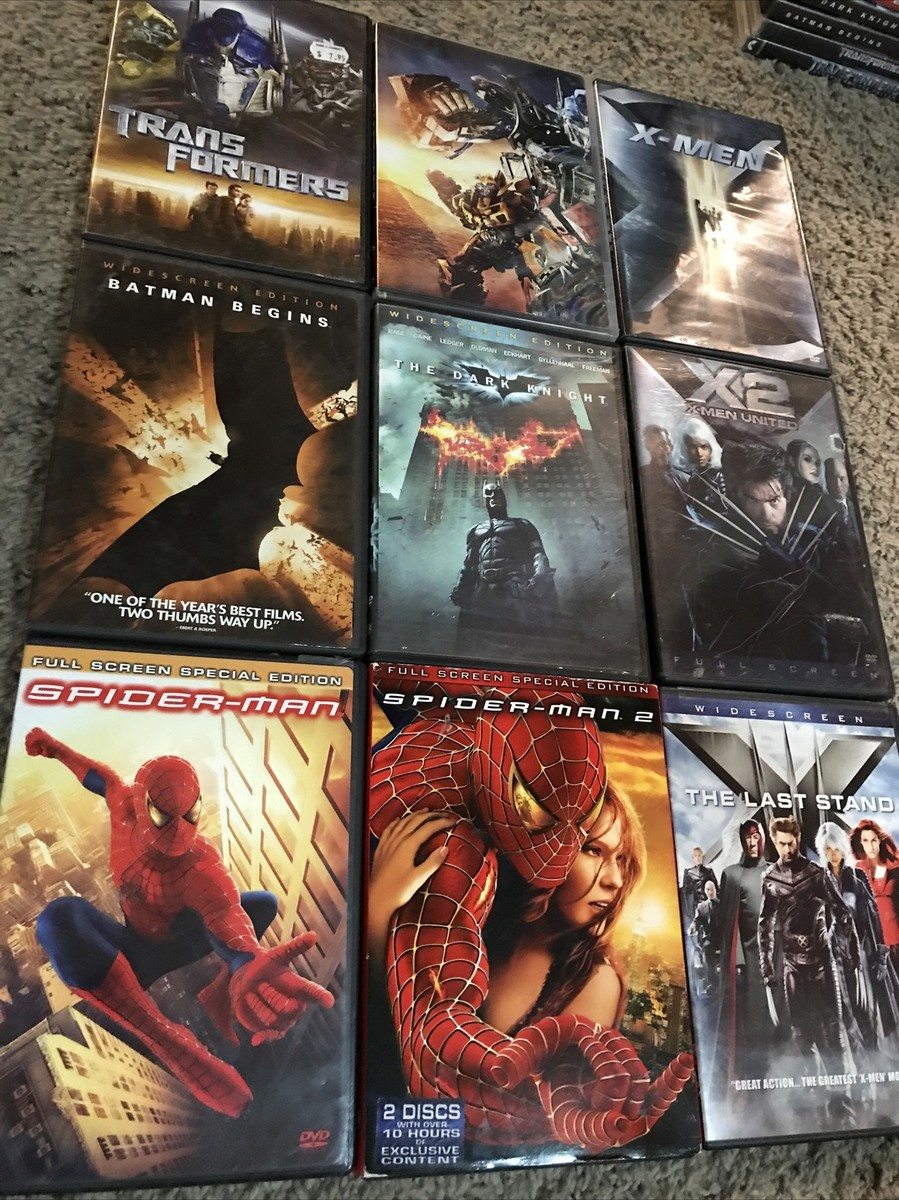 9 Superhero DVDs X-men X2 Last Stand Spider-man Dark Knight Batman