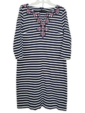 Talbots Navy Striped Knit Embroidered Brocade Split Neck Shift Dress Size MED