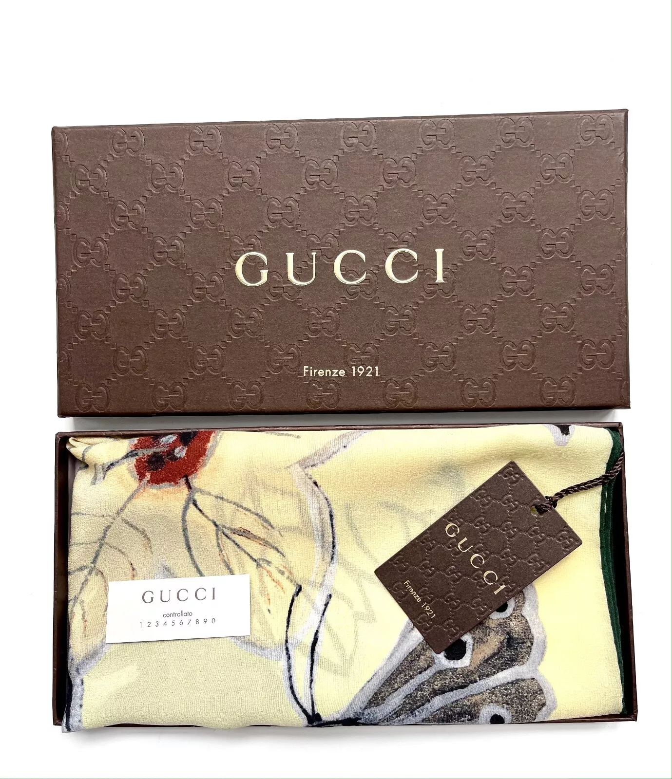 Écharpe unisexe neuve Gucci Kris Knight papillon jaune soie wrap avec boîte cadeau Gucci