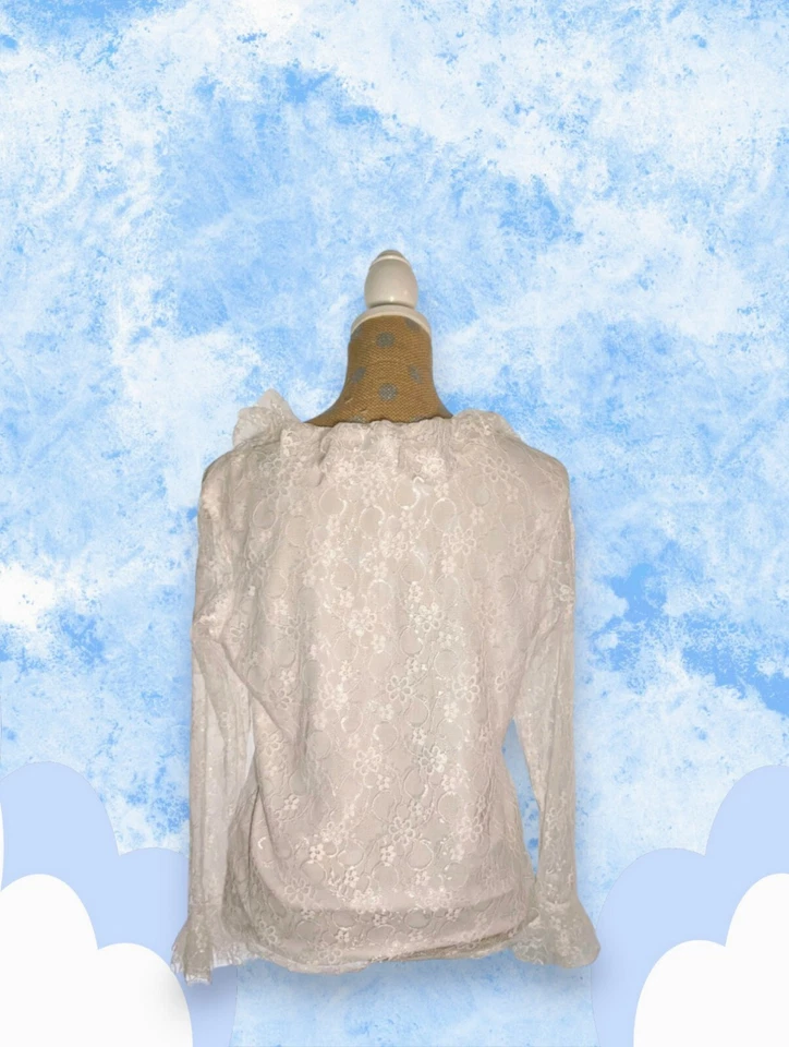 Blusa CLAUDIA RICHARD Encaje Forrada Transparente Talla Mediana Marfil Floral Volantes Acanalada Foto 3 de 4