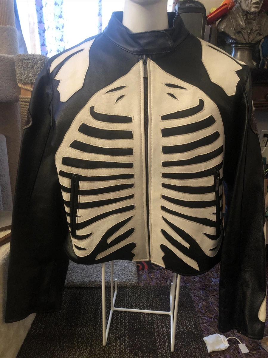 Skeleton Leather Jacket Vintage Motorcycle Riding Leather Fur