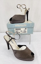 MAINFRAME Pewter Stiletto Heels 7.5 Shoes Ankle Strap Peep Toe 4.5" Vintage Y2K