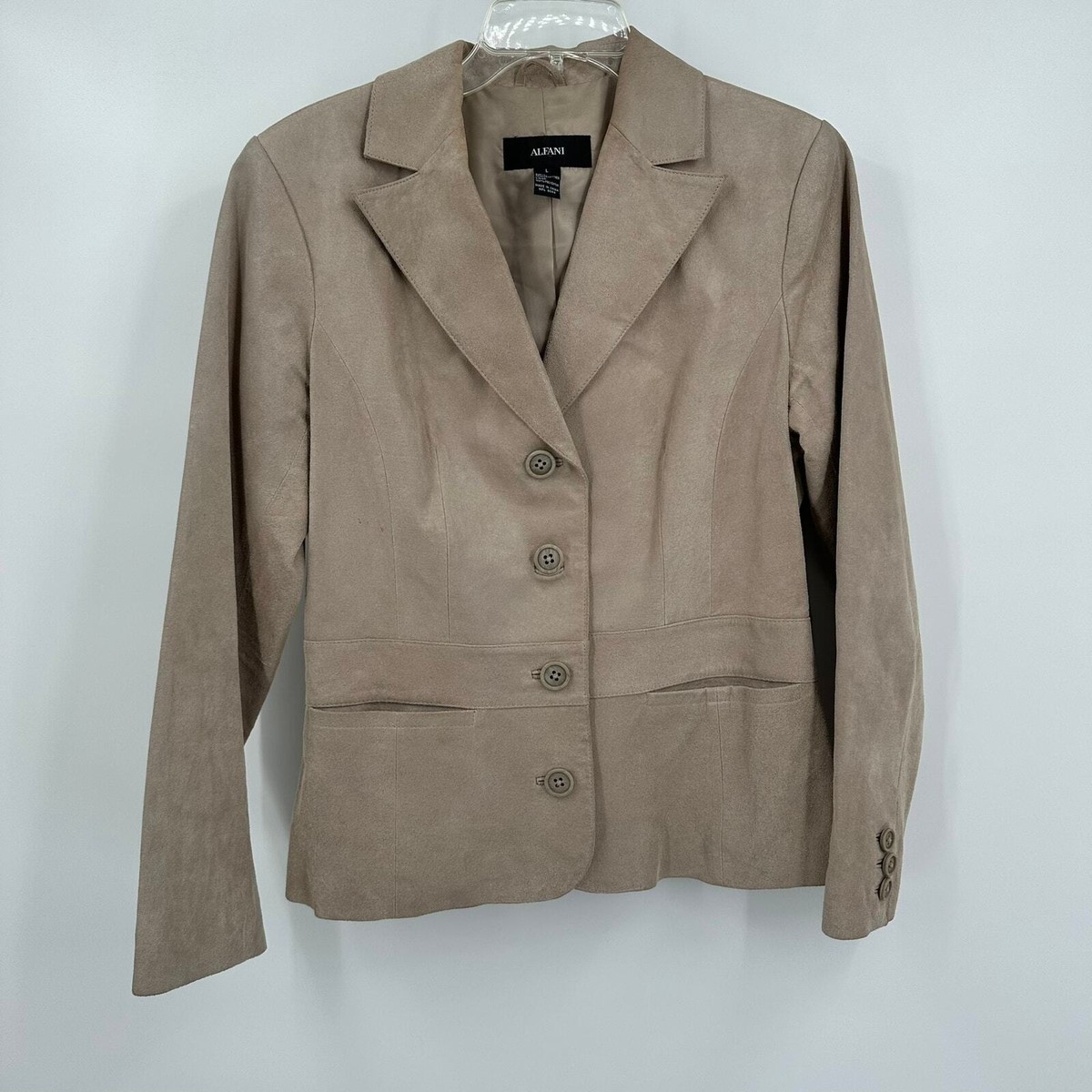 Alfani Womens Suede Jacket Size L Beige Fitted Preppy Academia