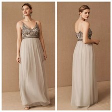 NWT Anthropologie BHLDN Vilette Embellished Maxi Dress Silver Fog Sz 12 Reg $245