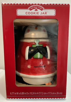 Holiday Time Christmas Penguin  Snowflakes Cookie Jar Hand Painted NOS 2021