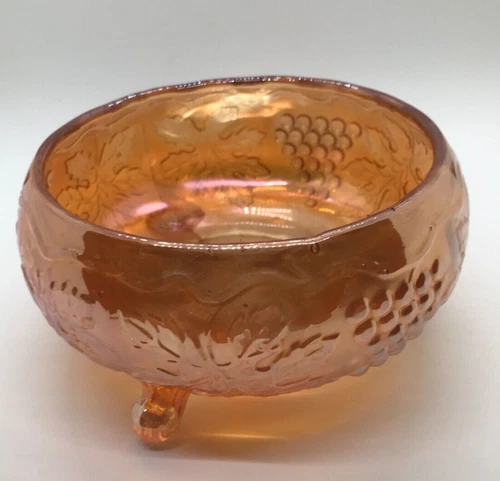 Vintage Art Deco Style Grape & Vine 3 Footed Carnival Glass Bowl