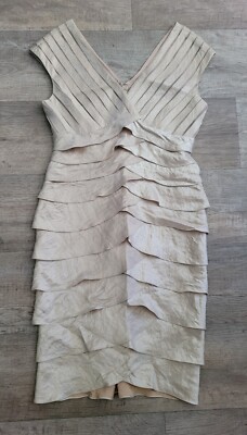 ADRIANNA PAPELL Gold V-Neck Sleeveless Short Tiered Ruffle Dress Women Size 10