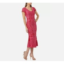 JS Collections Sz 10 Soutache Embroidered Tea-Length Midi Dress Red Hot Pink