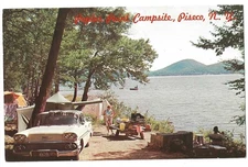Piseco New York c1960 Poplar Point Campsite, lake, Oxbow Mountain, vintage car