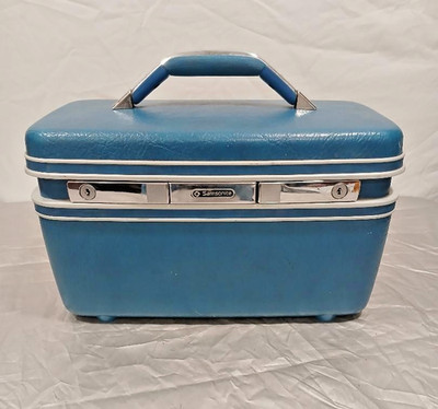VTG Samsonite Hard Shell Train Case Vanity Makeup Travel Luggage   Blue w/Tray