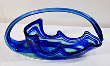 Handblown Murano Style Blue Swirl Art Glass Basket MCM Sculptural Centerpiece