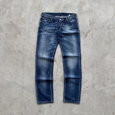 Vintage 90s DsQuared Washed Paint Splatter Denim Jeans Size 52 Blue