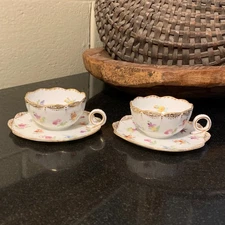 2 Sets c.1900 Franziska Hirsch One Piece Demitasse Cup & Attached Saucer Dresden