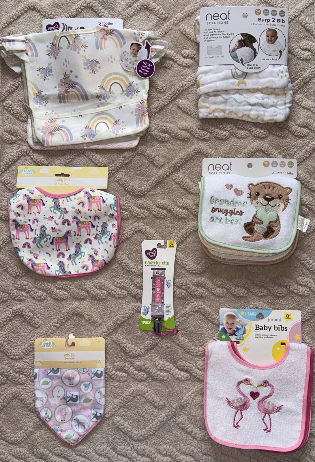 NWT Baby Bibs Bundle - Huge Lot Of Bibs, Pacifier Clip, & Burp Rags, 15 Pieces