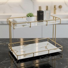 L azora 2-Tier White Marble Bathroom Countertop Organizer   Glass Shelves and...