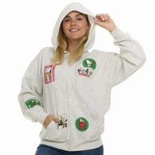 Peanuts Snoopy  Friends Women L Christmas Full Zip Grey Hoodie Patches NEW