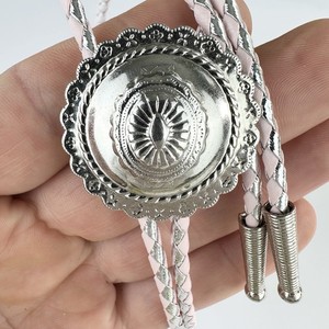 Stunning Vintage 90s Western Silver Tone Bolo Tie With Pink And Silver Cord