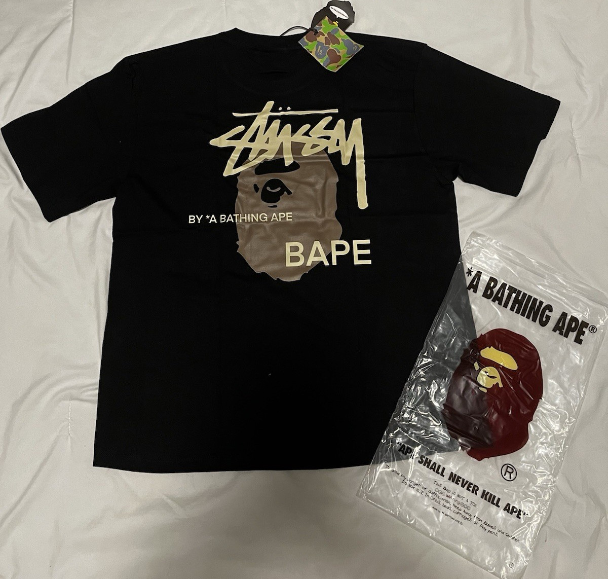 Stussy x Bape black short sleeve graphic tee shirt size M
