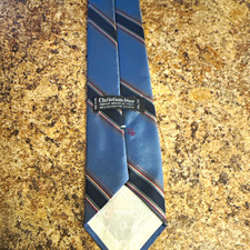 Christian Dior Men's Blue Striped Silk-Polyester Woven Tie with Logo Accent