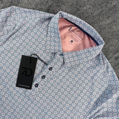 7 Diamonds Jaxon Polo Shirt Mens Medium Blue Pink Geometric 4-Way Stretch New