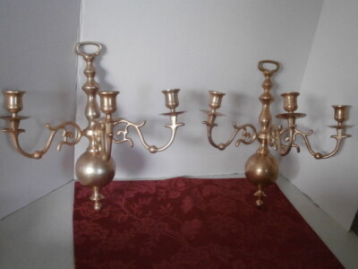 PAIR  ANTIQUE WALLSCONE 3 ARM CANDLE HOLDER SOLID CAST BRASS GEORGIAN PRE-OWNED