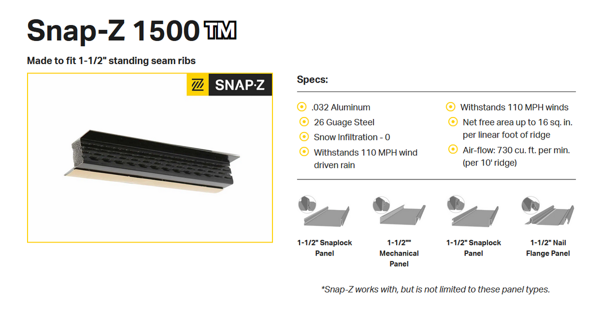 SNAP-Z 1500 STANDING SEAM METAL ROOF RIDGE VENTING 1-1/2