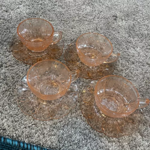 1930's Lot Of 4 Depression Glass "CHERRY BLOSSOM" Jeanette PINK Cup & Saucer