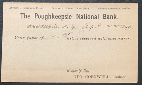1890 US UX9 POSTAL CARD PINE PLAINS NEW YORK POUGHKEEPSIE NATIONAL BANK VF #4 - Picture 2 of 2